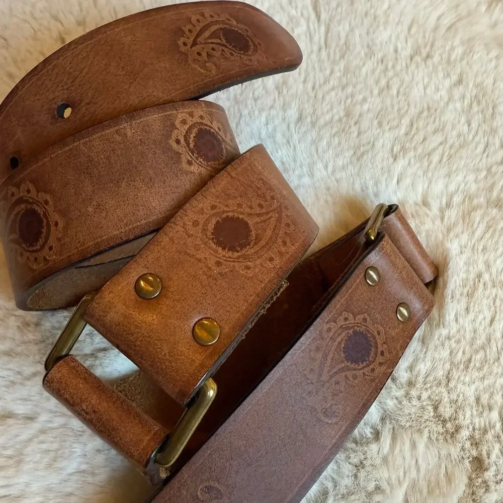 Vintage Y2K Lucky Brand Leather Tooled Embossed Brown Belt Paisley Pattern Sz L‎
